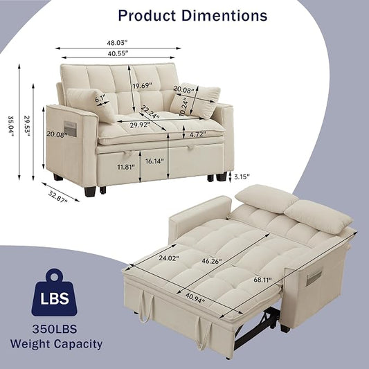 Sleeper Sofa with Pull Out Couch Bed, 48" Convertible Pull-Out Sofa Bed Chair, 3-in-1 Futon Couch with Reclining Backrest and Side Pockets for Living Room Bedroom Apartment, Beige