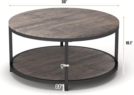NSdirect Round Coffee Table,36" Coffee Table for Living Room,2-Tier Rustic Wood Desktop with Storage Shelf Modern Design Home Furniture(Light Walnut)