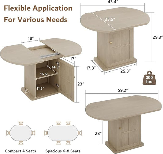 iPormis Round Dining Table for 4-6, 59'' Extendable Dining Room Kitchen Table with 2-Tier Storage Shelf, Wood Dinner Table with Door & Pedestal Base, for Kitchen Living Room, Space Saving, Natural
