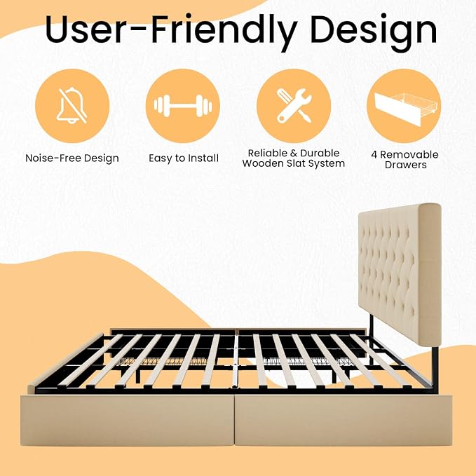 SHA CERLIN Upholstered King Size Platform Bed Frame with 4 Storage Drawers, Adjustable Headboard with Diamond Stitched Button Tufted Design, Wooden Slat Support, No Box Spring Needed, Beige