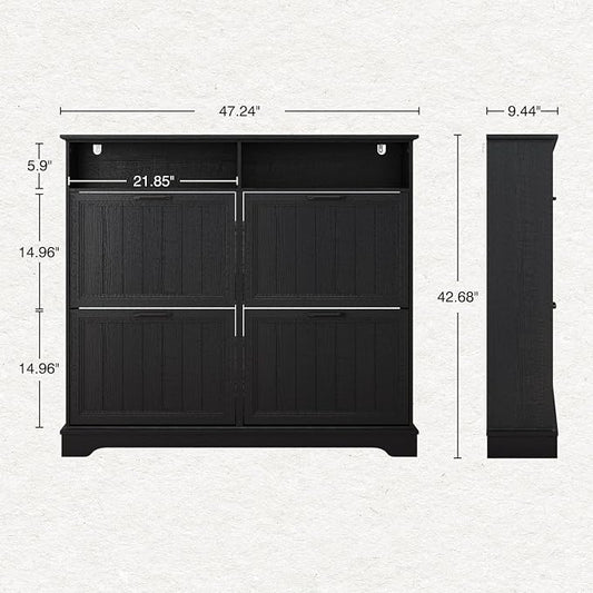 Shoe Storage Cabinet with 4 Flip Drawers, Farmhouse Modern Hidden Shoes Rack Cabinet with Adjustable Shelves & Open Storage, Narrow Slim Shoe Organizer for Front Door Entrance, Entryway, Hallway,Black