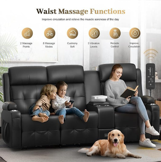 Recliner Sofa, Massage Reclining Sofa 3 Seater Sets Heavy Weight Capacity, RV Loveseat Couch Clearance with Console, USB, Type C Port, Storage, Cup Holders, Wall Hugger Chair for Living Room