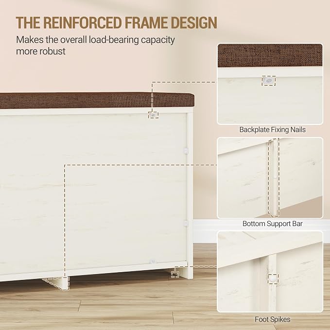 Hzuaneri 2 Tier Shoe Storage Bench with Doors, 47.2" Farmhouse Shoe Bench with Padded Cushion, 12 Pairs of Bed End Bench, Entryway Bench with Storage for Bedroom, Living Room, Rustic White SB61214KA