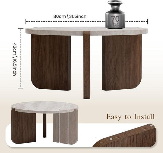 SUNBURY Modern Round Coffee Table with Sturdy Base, Wood Center Tables for Living Room Reception Room, Faux Marble Tabletop, Easy Assembly (Only One Coffee Table Included)