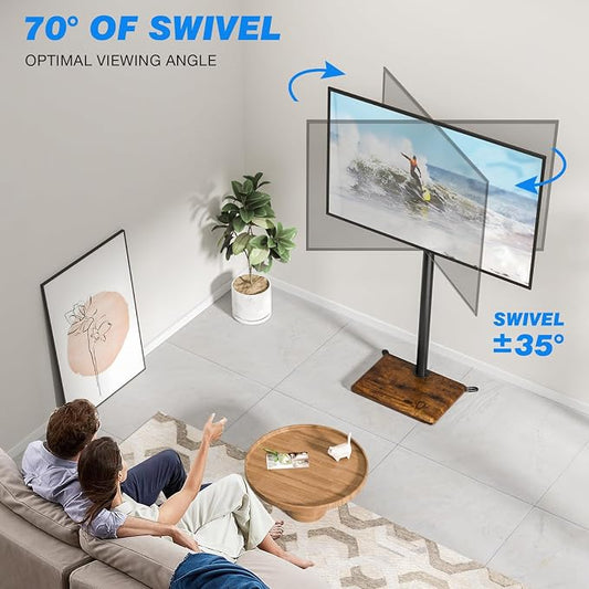 Rfiver Swivel Floor TV Stand with Mount for 32-65 inch TVs up to 88 lbs, Height Adjustable Tall TV Stand with Wood Base, Saving Space Design for Bedroom, Living Room and Corner,Rustic Brown