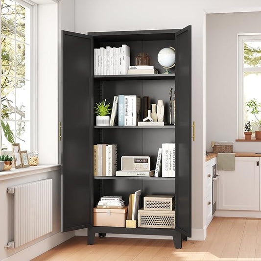 Zevemomo 61" H Metal Kitchen Pantry Cabinet, Freestanding Cupboard with 2 Doors and 3 Adjustable Shelves, Tall Metal Storage Cabinet for Kitchen, Bathroom, Dinning Room or Laundry Room (Black)