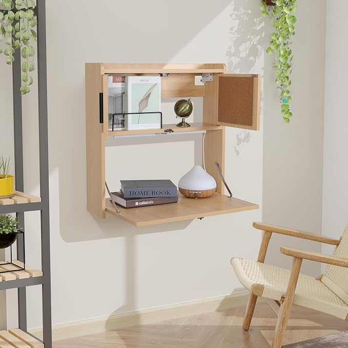 ARTETHYS Wall Mounted Desk Folding with LED Light Drop Down Hanging Desk | 3 Color Adjustable Light, Writing Workstation with Storage Compartment, Space Saving for Home Office, Wood Color