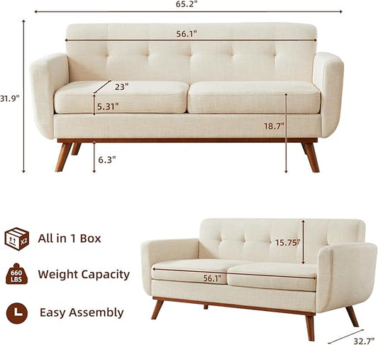 Kingfun 65.2" W Loveseat Sofa, Mid Century Modern Decor Love Seat Couches for Living Room, Button Tufted Upholstered Furniture, Easy to Install Small Couch for Bedroom Office Apartment, Cream White