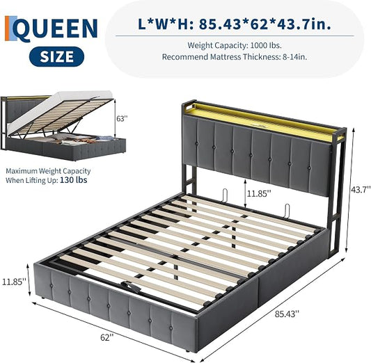 Garvee Queen Size Lift Up Storage Bed with LED Lights, Upholstered Velvet Bed Frame with Storage Headboard & Charging Station, Metal Platform Bed, No Box Spring Needed, Solid Wooden Slats, Grey