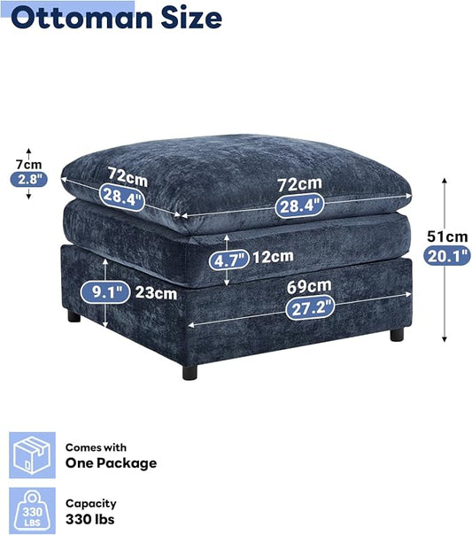 Iroomy 25" Chenille Ottoman, 9.5" Thick Cushion, Upholstered Footrest Modern Footstool & Bench for Living Room, Bedroom, Blue