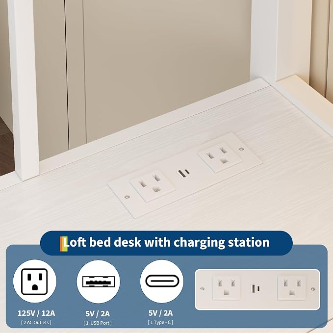 Twin Size Loft Bed with Desk, 4 Large Fabric Drawers and Open Shelves, Heavy Duty Metal Loft Bed with LED Lights, Power Outlets, Safety Guardrails & Ladder, Space Saving, No Box Spring Needed, White