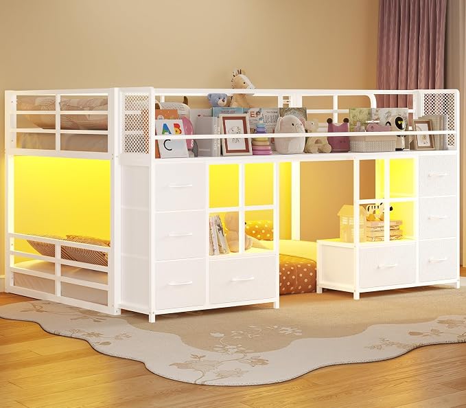 BTHFST Low Bunk Bed Twin Over Twin with 8 Fabric Drawers & Bookshelf, Twin Bunk Beds with RGB LED Lights, Windows, Metal Bunk Beds for Kids with Slanted Ladder & Safety Guardrails, Space Saving, White