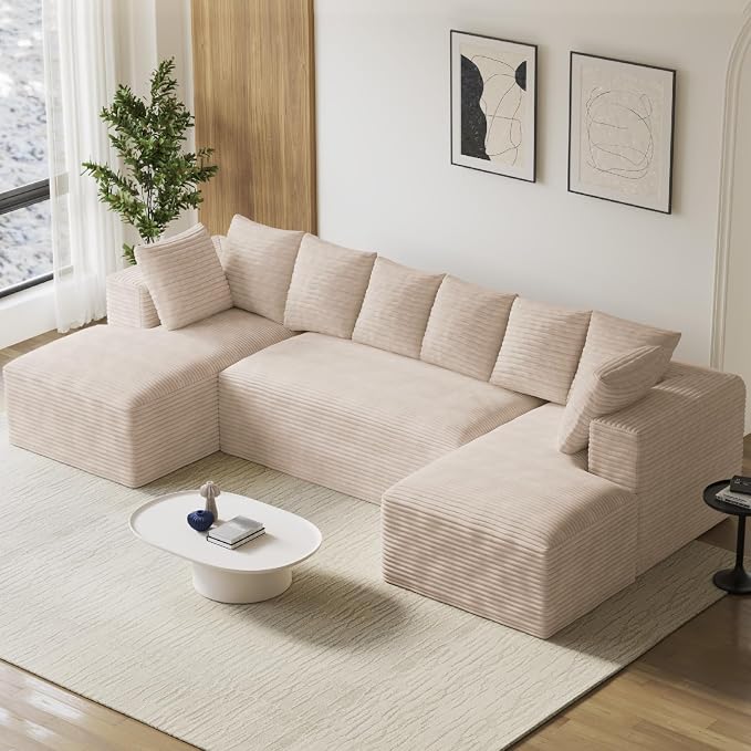 131" Oversized U Shaped Cloud Sectional Couches for Living Room, Comfy Fluffy Corduroy Beige Boneless Sectionals Couch, Plush Memory Foam Modular Sectional Sofa with Chaise- 19" Seat Height