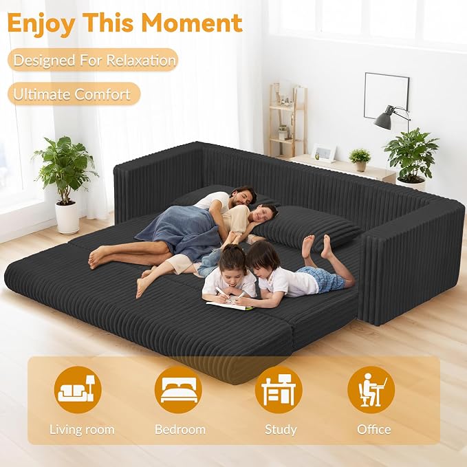 HABUTWAY 78" Loveseat Boneless Couch, 4-in-1 Convertible Sofa Bed, Plush Fur Folding Futon Sofa Bed Couches with 2 Pillows for Living Room, High-Density Foam Support, No Assembly Required, Black