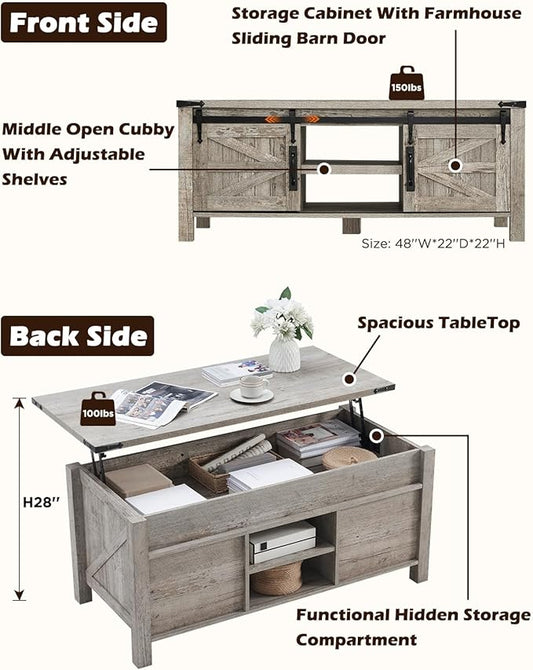 OKD 48" Farmhouse Lift Top Coffee Table with Sliding Barn Door,Rustic Center Table w/Hidden Storage Compartment, Lift Tabletop Dining Table w/Adjustable Shelf for Living Room,Light Rustic Oak