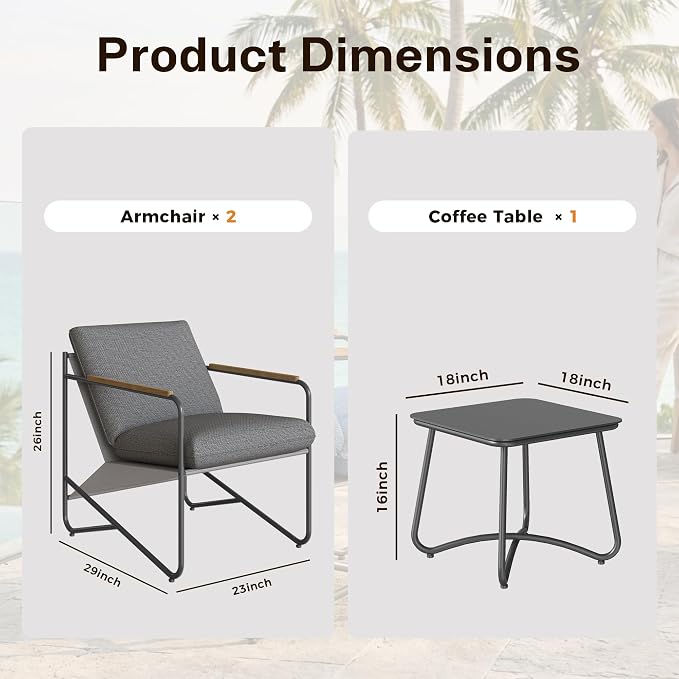 Premium 3-Piece Patio Furniture Set with Comfortable Cushions, Weather-Resistant Frame & Compact Design for Apartment Balcony Furniture,Grey