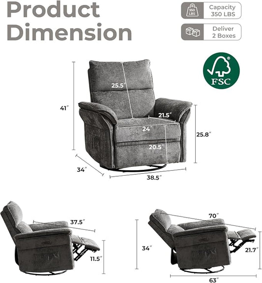 Swivel Rocker Recliner, Glider Recliner Nursery Chair with Massage and Heat, Power Nursery Rocking Chairs with Adjustable Headrest for Living Room,USB Ports,Side Pockets,Chenille Grey