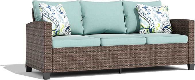 HERA'S HOUSE Outdoor Patio Sofa, 3-Seat Wicker Couch Loveseat, Deep Seating Furniture for Lawn Garden Porch Backyard, Blue