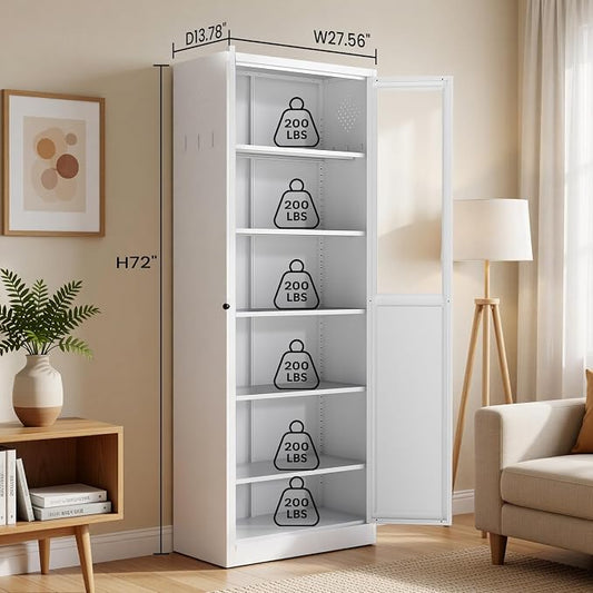 Metal Pantry Cabinet, 72" Kitchen Pantry Cabinet with 2 Doors and 5 Adjustable Shelves, White Steel Storage Cupboard for Dining, Office, Living Room, Bathroom