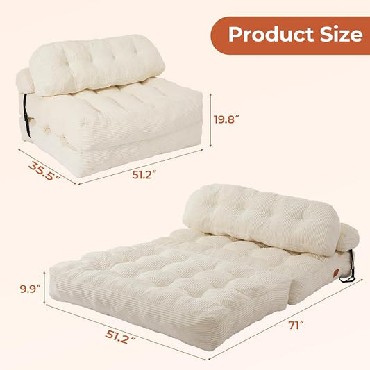 Folding Sofa Bed, Convertible Sleeper Chair with Back Support and Pillow Futon, Boneless Matress, for Living Room/Guest Use/Home Office, Foldable Chair Bed for Adults, Beige, Full