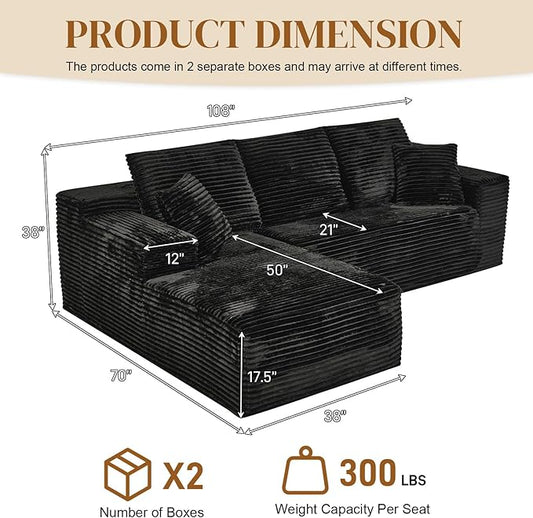 108" L Shaped Boneless Sectional Couches for Living Room, Wide Armrest, Deep Seat, Memory Foam, Assembly Free, Modern Comfy Corduroy Fluffy Cloud Sofa with Left Chaise, Black