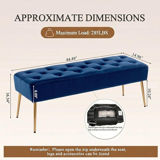 DUHOME Button-Tufted Ottoman Bench, Upholstered Bedroom Benches Velvet Footrest Stool Dining Bench Accent Bench for Entryway Dining Room Living Room Bedroom, Dark Blue