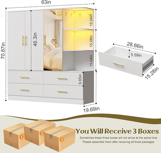 PAKASEPT 3 Door Armoire Wardrobe Closet, 70.87" H Bedroom Armoires with Drawers, Mirror, LED Light, Hanging Rod, Side Hooks, Large Capacity Storage Wardrobe Armoire for Bedroom