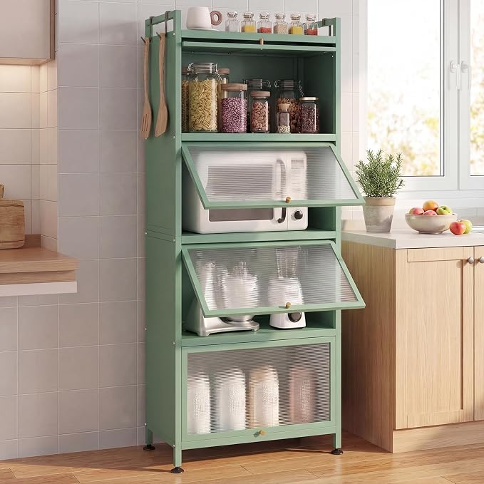Giantex 5-Tier Kitchen Storage Cabinet, Freestanding Metal Pantry Cabinet w/ 4 Flip-up PC Doors, 4 Hooks & Adjustable Feet, 60” Tall Bakers Rack Microwave Stand for Dining Room, Living Room, Green