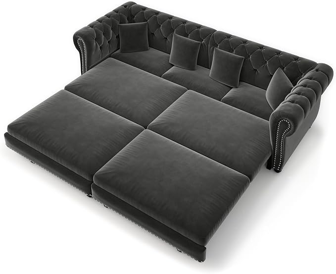 89'' Pull Out Sofa Bed King, Chesterfield Velvet Sleeper Sofa, Convertible L-Shaped Futon Couch, Tufted Back, 4 Pillows, Ottoman, Deep Seat Loveseat Couches for Living Room, Apartment, Gray