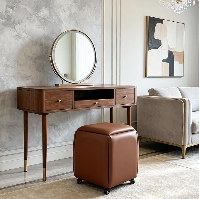 5 in 1 Nesting Ottoman Cube Chair, Stackable Stools, Leather Square Ottoman Bench, Foot Stool with Wheels for Living Room,Dining Room 15.75x15.75x16.54 inches