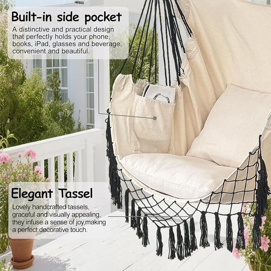 Hammock Chair Hanging Rope Swing Chair,Max 450 Lbs, Large Hanging Chair with Pocket, 2 Cushions, Removable Steel Bar, Hardware Kit Included, Sturdy and Comfortable for Indoor Outdoor (Beige)