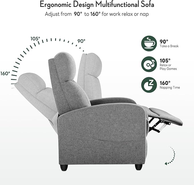 Recliner Chair, Recliner Sofa Fabric for Adults, Recliners Home Theater Seating with Lumbar Support, Reclining Sofa Chair for Living Room, Gray