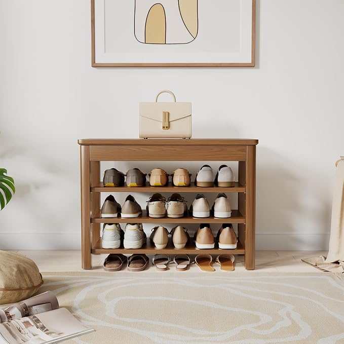 AQIMUELE 3 Tier Shoe Bench with Storage, Wood Shoe Rack for Front Door Entrance, Entryway Shoe Storage Bench.