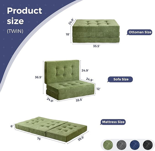 MAXYOYO 6" Folding Sofa Bed for Floor, Tufted Tri-Fold Floor Mattress with Chenille Fabric, Twin Size Portable Sofa Couch Guest Mat for Adults, Foldable Topper for Camping, Green, 35.4"x75"
