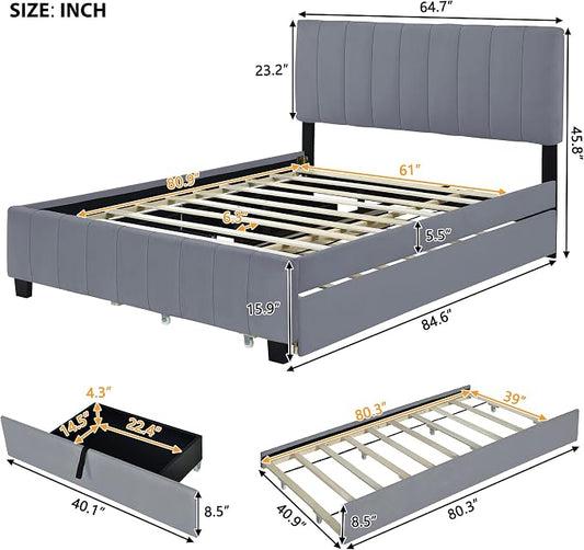 Bellemave Queen Bed Frame with Trundle Bed,Velvet Upholstered Platform Bed Frame with Storage Drawers,Queen Size Trundle Bed with Headboard for Kids Teens Adults,Gray