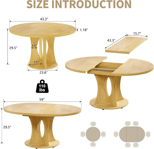 iPormis 43.3-59 Inch Extendable Round Dining Table for 6-8 People, Oval Dinner Table with Adjustable Top and A Stable Round Pedestal Base, Space Saving Wooden Kitchen and Dining Table, Oak