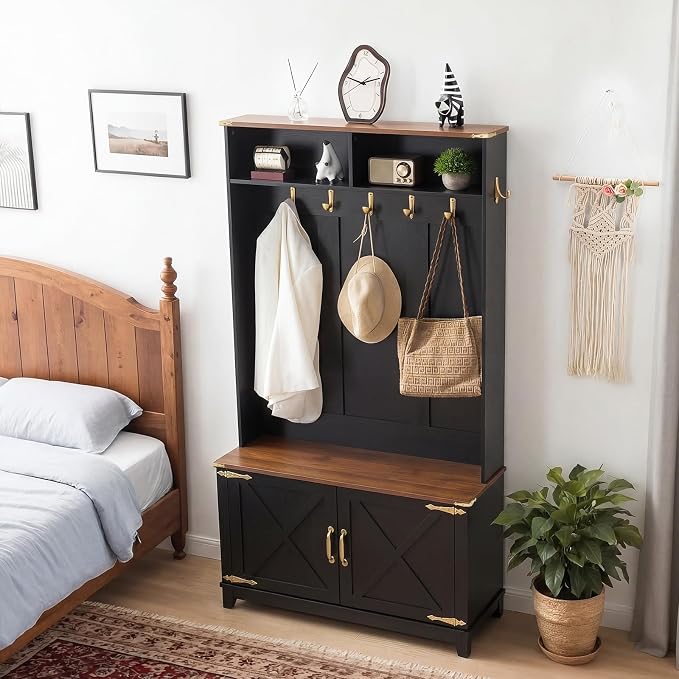 EROMMY 38" Farmhouse Hall Tree with Bench and Shoe Storage, Entryway Bench with Coat Rack, 2 Open Compartments, 7 Coat Hooks, Barn Door & Adjustable Shelf, Rustic Black and Brown