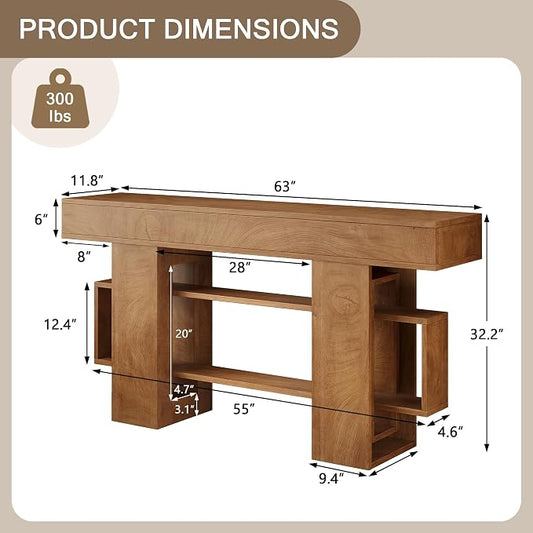 Einhomn 63 Inches Entryway Table, Wooden Console Table with Storage, Narrow Sofa Table Behind Couch, Farmhouse Long Entry Hallway Tables for Entrance, Foyer, Living Room, Natural Brown
