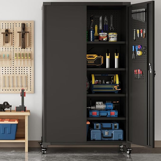 Upgraded Wide & Deep Metal Garage Storage Cabinet with Wheels & Pegboards, 4 Adjustable Shelves, Heavy Duty Lockable Metal Storage Tool Cabinet with Pegboards for Warehouse, Basement, Office, Gym