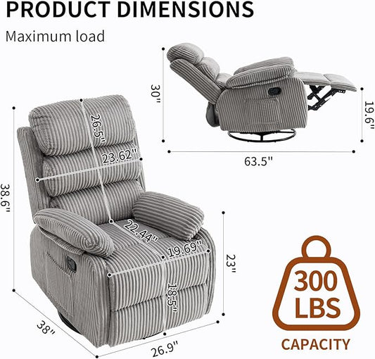 Plush Premium Velvet 360° Swivel Rocker Recliner Chair - High Back Glider with Generous Footrest, Supportive Armrests & Side Pocket for Nursery, Living Room & Small Spaces Grey
