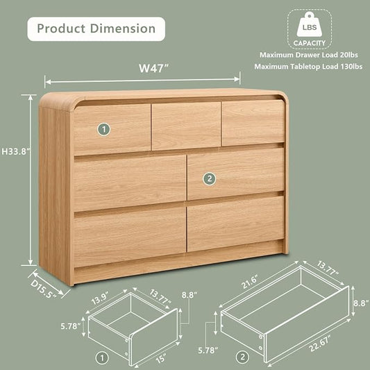 Aitjunz Modern 7 Drawers Dresser for Bedroom, 47" Wide Wood Dressers & Chests of Drawers w/Curved Profile Design, Mid Century Modern Dresser w/Natural Texture for Bedroom, Living Room, Natural Oak