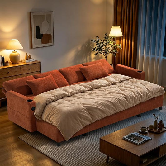 110" Chenille Pull-Out Couch Bed w/Adjustable Backrests, Orange | Sectional Sleeper Sofa w/USB Ports & 2 Cup Holders, Upholstered U-Shaped Couch w/Storage Chaise for Living Room, House