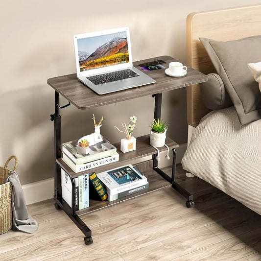 Karl home 31.5" Portable Rolling Desk on Wheels,Height Adjustable Standing Desk with 2 AC Outlets/3 USB Ports,Mobile Laptop Table with Hooks and Storage Shelves for Home Office,Grey Oak