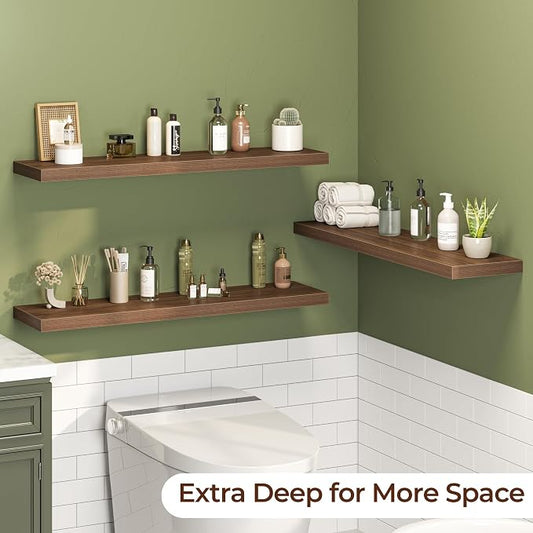 Fun Memories Floating Shelves for Wall 40 Inch Set of 3, Farmhouse Floating Shelves with Invisible Heavy Duty Bracket, 10 Inch Deep Bathroom Shelves for Storage, Living Room, Kitchen, Decor, Walnut