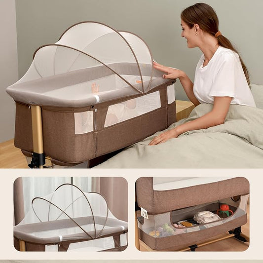 Soobaby 3 in 1 Baby Crib, Bassinet Bedside Crib Adjustable Portable Bed for Infant,Baby Newborn Must Have Bed,Khaki