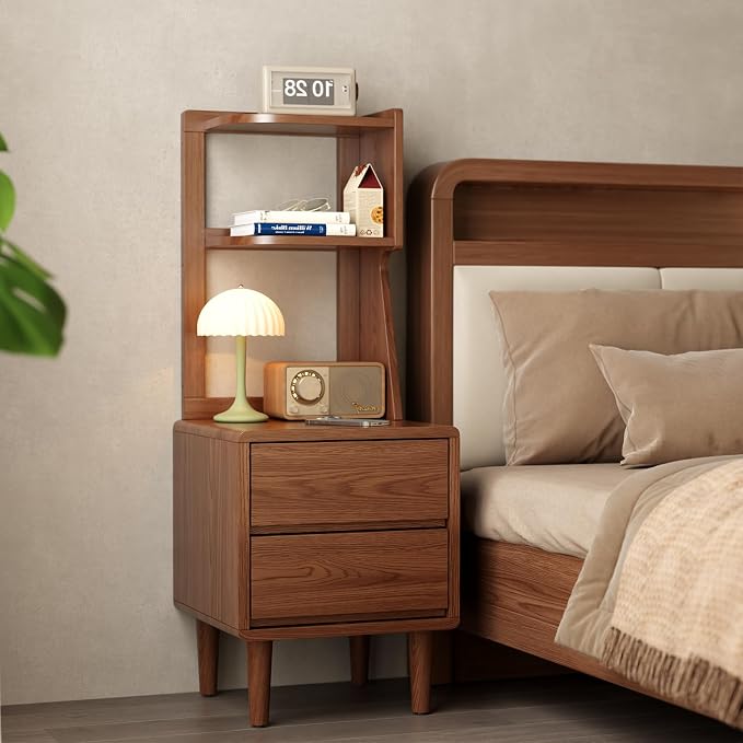 Solid Wood Bookshelf with Drawers,Narrow bookcase with Storage Shelves,Tall Nightstand with Drawers,Mid Century Modern Nightstand,Open Shelf Bookcase,Small Book Shelf for Bedroom,Living Room,Offices