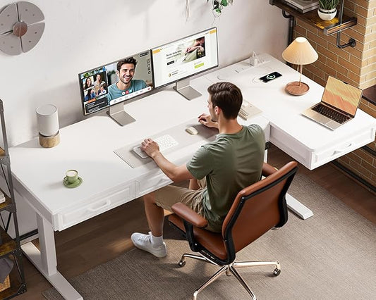 OffiGo L Shaped Electric Standing Desk with Wooden Drawers, 63 Inch Height Adjustable Corner Workstation with Power Outlets, Sit Stand Table for Home, Office, White