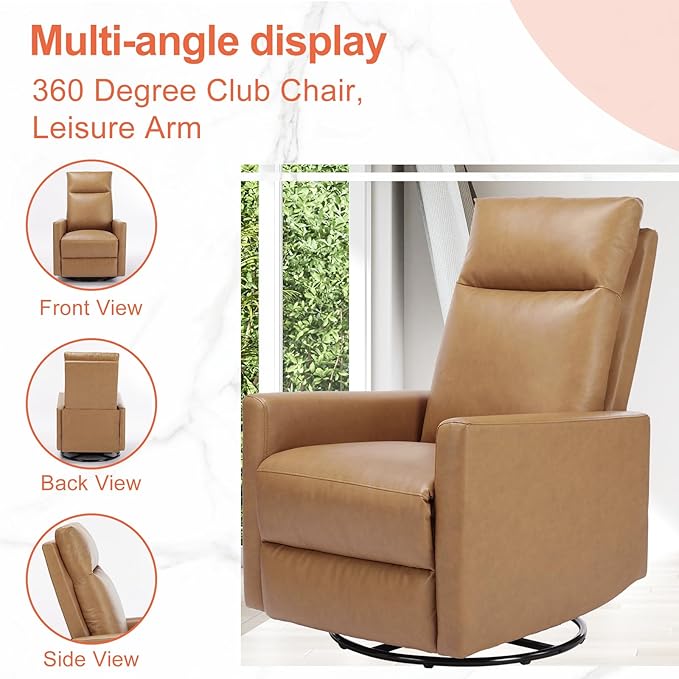 Sweetcrispy Recliner Chair, 360 Swivel Rocker Chair for Adults, Glider Rocker Recliners, Nursery Chairs for Living Room, High Back, Upholstered Deep Seat, Classical Brown