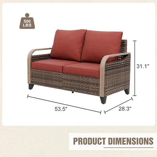 Modern Wicker Patio Sofa, Rattan Outdoor Loveseat for Small Balcony, 2 Seat Loveseat Furniture Set for Garden Deck Backyard, Brown/Red