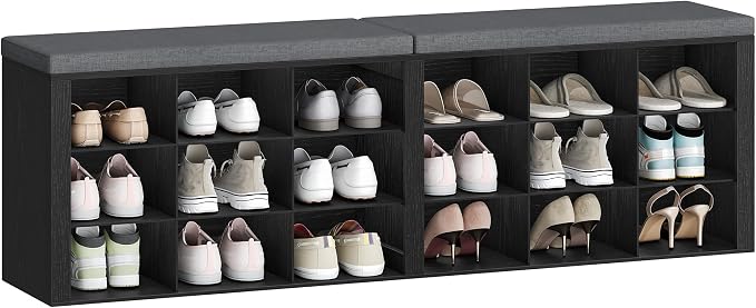 Hzuaneri Shoe Storage Bench with Cushion, Entryway Storage Bench with 18 Cubbies, 9.5" Widened Organizer Cabinet, Long Cubby Rack for Living Room, Bedroom, Entryway, Black SB25704GY